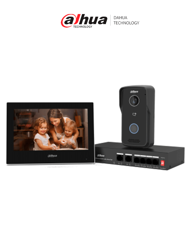 DAHUA KTP03-V2 - Kit de Videoportero IP/ Monitor de 7 Pulgadas. Frente de Calle y Switch PoE/ 6&1 E&S de Alarma/ Frente de Calle IP65/ IR/ Apertura Remota / Switch de 4 Puertos PoE 10/100/ 2 Puertos Uplink/ Controla 1 Puerta/