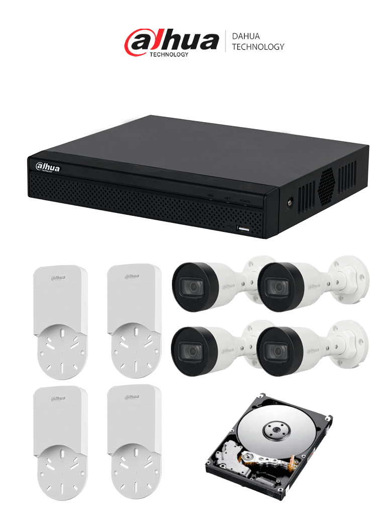 Kit de NVR Dahua 4 Canales con 4 Puertos PoE, 1TB Almacenamiento y 4 Cámaras Bullet 2MP IP67