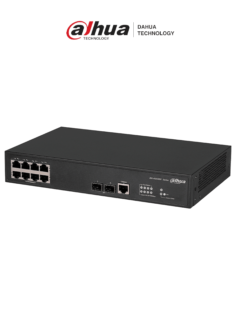 Switch Administrable Gigabit DAHUA DH-AS4300-8GT2GF con 8 Puertos 10/100/1000 Base-T, 2 Ranuras SFP 1Gbps y 20Gbps de Switching.