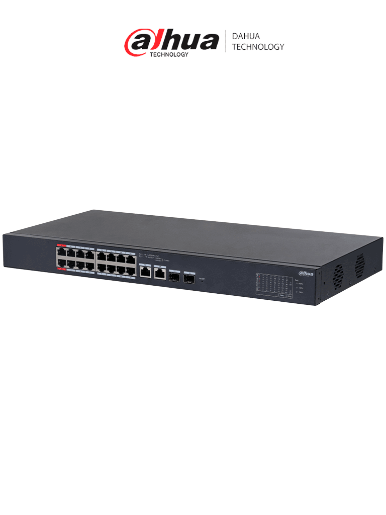 Switch Dahua CS4218-16ET-135, 18 Puertos (16 PoE 10/100, 2 Uplink 10/100/1000, 2 SFP), 135W, Administrable en la Nube, PoE hasta 250m, 7.2 Gbps