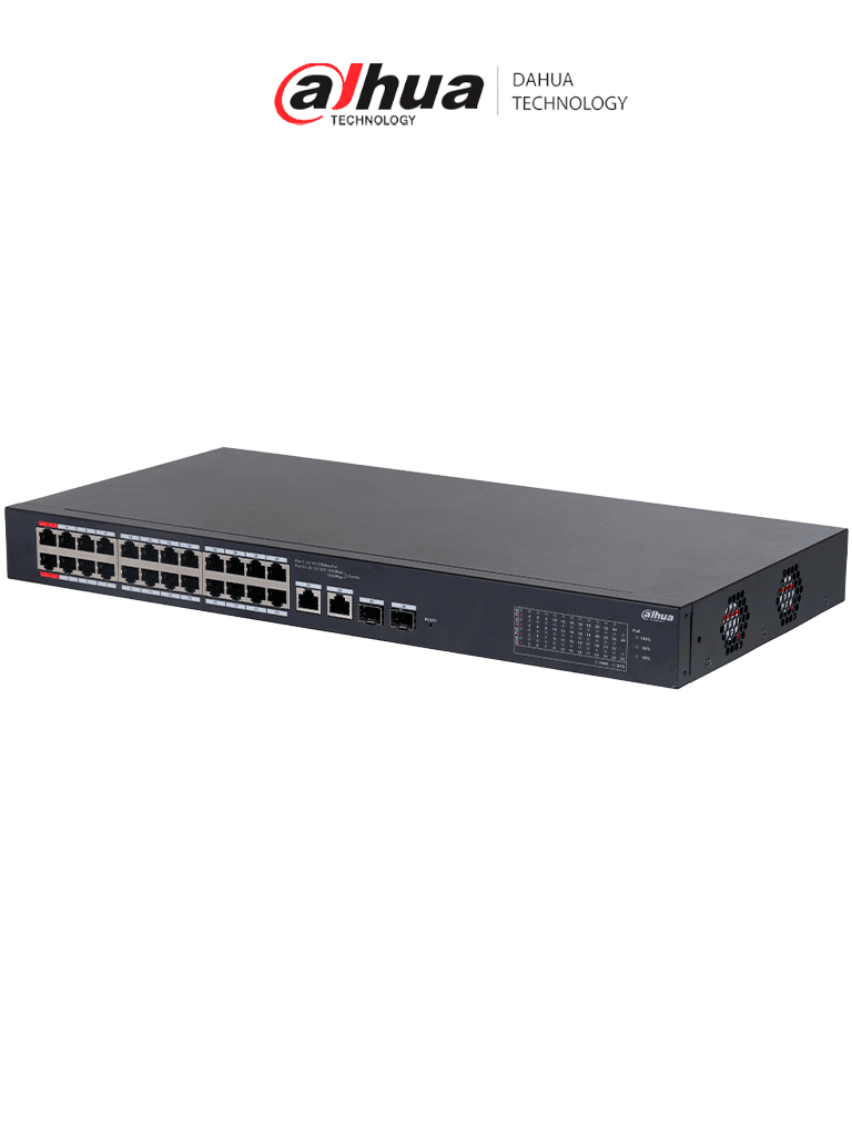 Switch PoE Dahua CS4226-24ET-240, 26 Puertos (24 PoE 10/100), 2 Uplink 10/100/1000, 2 SFP, 240W, Administrable en la Nube, Carcasa Metálica, 8.8 Gbps