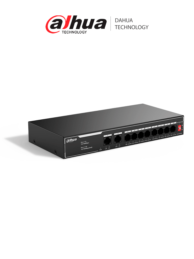 Switch PoE DAHUA SF1010LP - 10 Puertos Fast Ethernet/ 8 Puertos PoE/ 65W/ 2 Puertos Uplink RJ-45/ Hasta 250m/ 12 Gbps