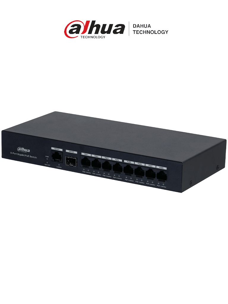 Switch PoE inteligente Dahua DH-PFS3110-8GT-65 con 8 puertos Gigabit, 60W de potencia y switching de 20 Gbps.
