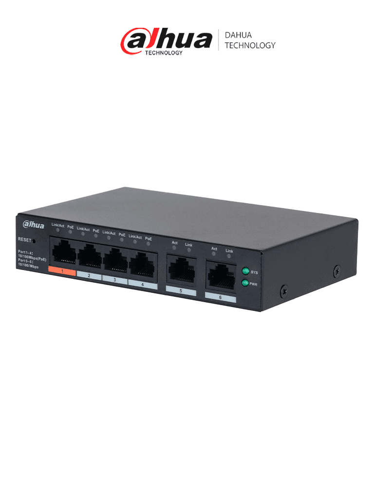 Switch PoE Dahua DH-CS4006-4ET2ET-60, 6 Puertos Administrable, 4 PoE 10/100 Mbps, 2 Uplink 10/100/1000 Mbps, 65 W PoE, Dolynk Care, Carcasa Metálica