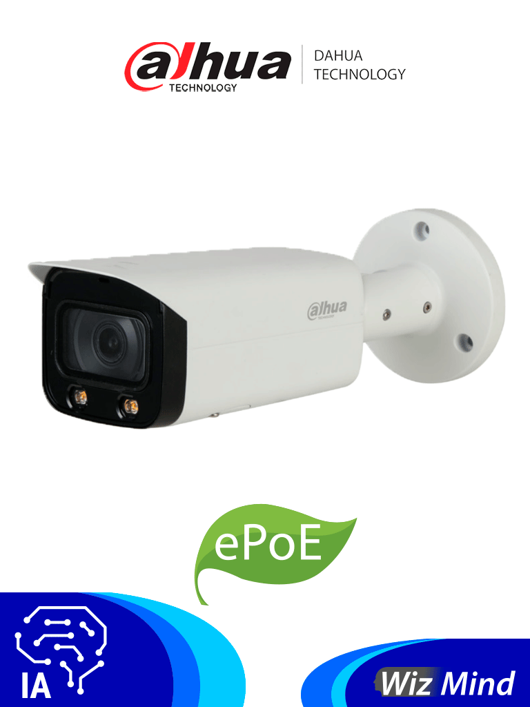Cámara IP Bullet Dahua IPC-HFW5241TN-AS-LED-0280B, 2MP, Lente 2.8mm, 106 IR 50mts, IA WizMind, PoE, WDR, H.265, IP67, E/S Alarma, E/S Audio