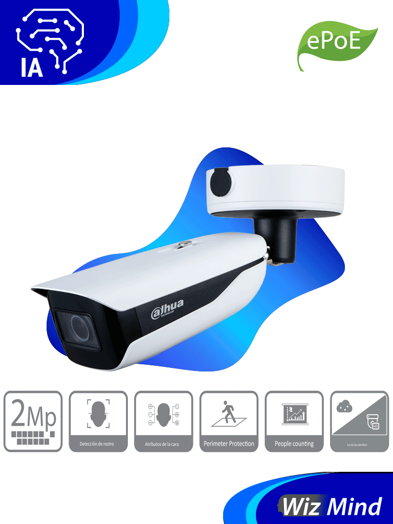 Cámara IP Bullet Dahua IPC-HFW5242HN-ZHE-MF, 2MP, Lente 2.7-18mm, IR 70mts, IA WizMind, EPOE, WDR H.265, IP67, IK10, Alarma, Audio