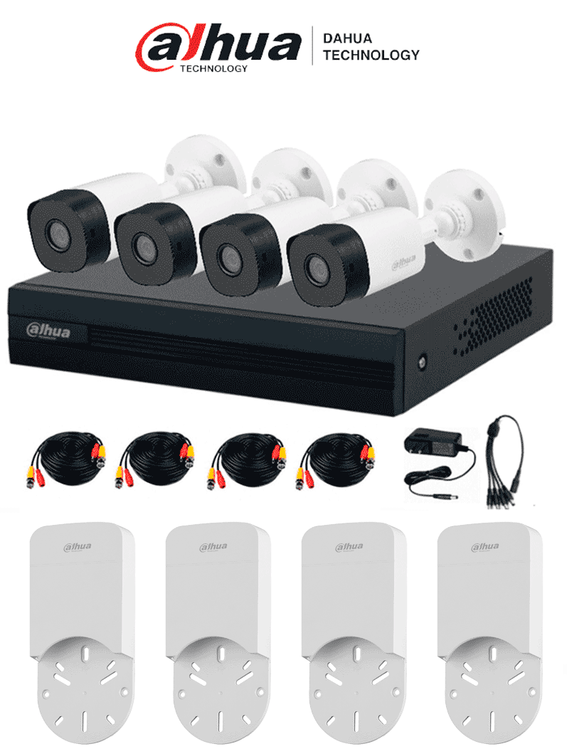 Kit DVR Dahua XVR1B04-I 4C/4S con IA H.265, 4 cámaras 2MP B1A21N 1080p, 4 canales IP, SMD Plus, accesorios y cajas de conexión