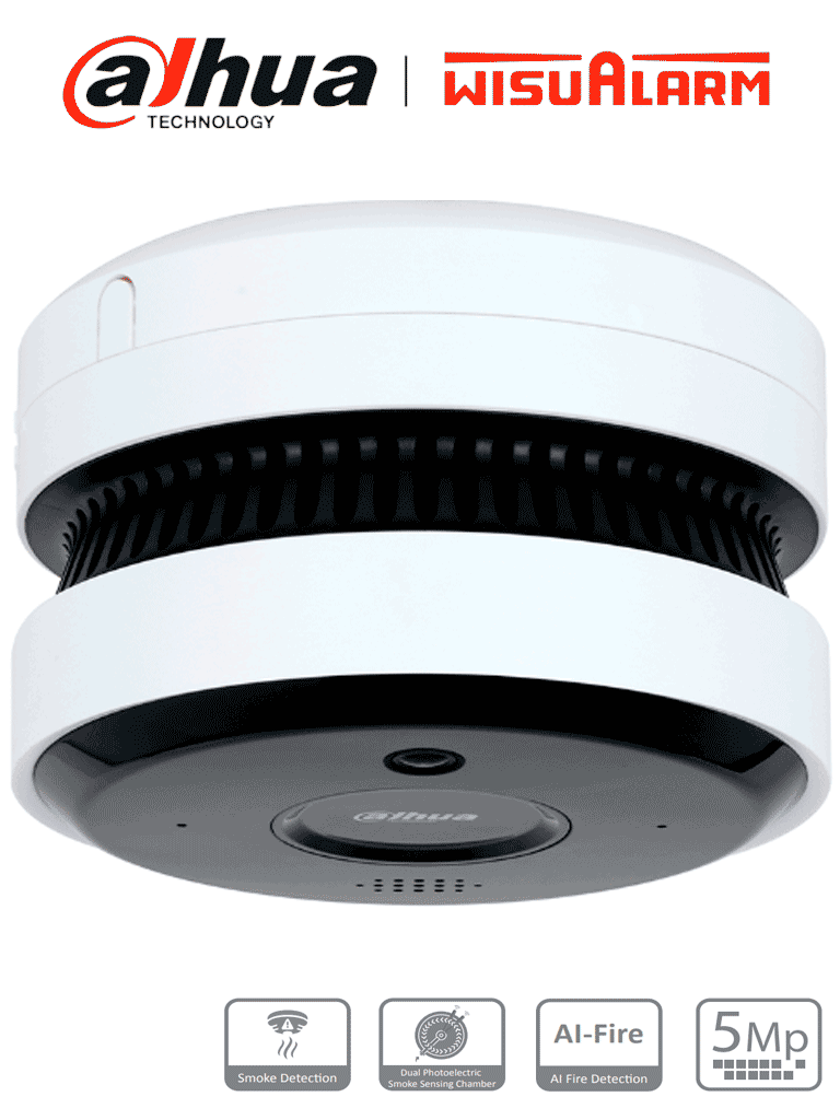 Cámara IP Dahua 5MP IA Detección Incendio/ Detector Fotoeléctrico/ Buzzer 85 dB/ WDR/ IR 20m/ PoE/ Microfono/ Altavoz/ MicroSD