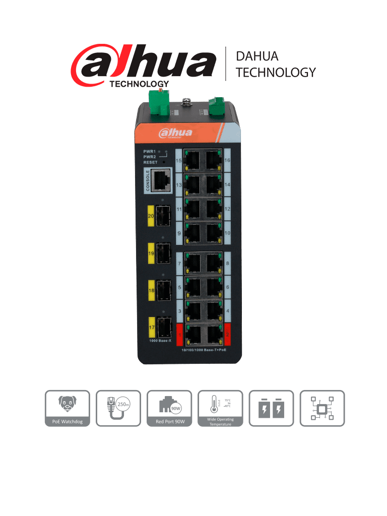 Switch Industrial Administrado Gigabit Dahua DH-IS4420-16GT-240 / 20 Puertos / 16 Puertos PoE / PoE Wathcdog / Switching 56 Gbps