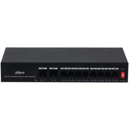 Switch PoE Dahua 10 Puertos Fast Ethernet/8 Puertos PoE/2 Puertos Uplink/65 Watts Totales, Montaje en Rack
