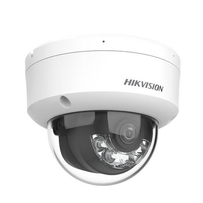 CAMARA HIKVISION DOMO IP 4 MEGAPIXEL / LENTE 2.8 MM / DUAL LIGHT (30 MTS IR + 30 MTS LUZ BLANCA) / MICRÓFONO INTEGRADO / ANTIVANDÁLICO IK08 / ACUSENSE LITE / EXTERIOR IP67 / H.265 / POE / ONVIF / MICRO SD