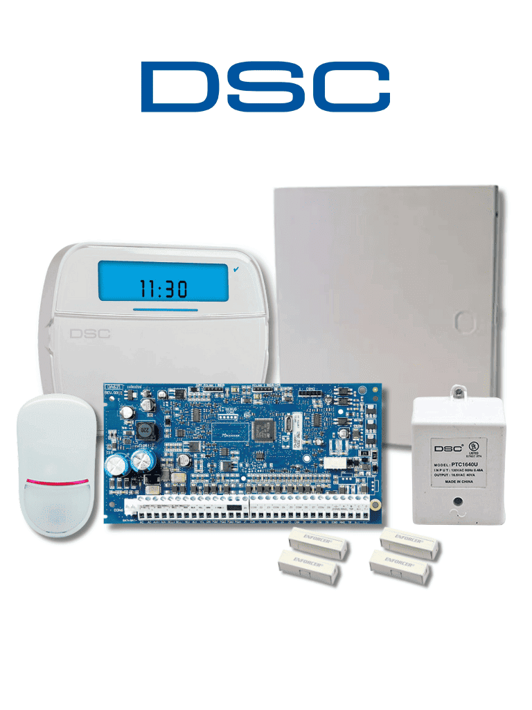 Panel DSC NEO-ICON-SB con 8 zonas expandibles a 32/Teclado de Iconos HS2ICN/Sensor PIR LC200-PI/2 contactos blancos/Transformador/Gabinete GTVCMX003