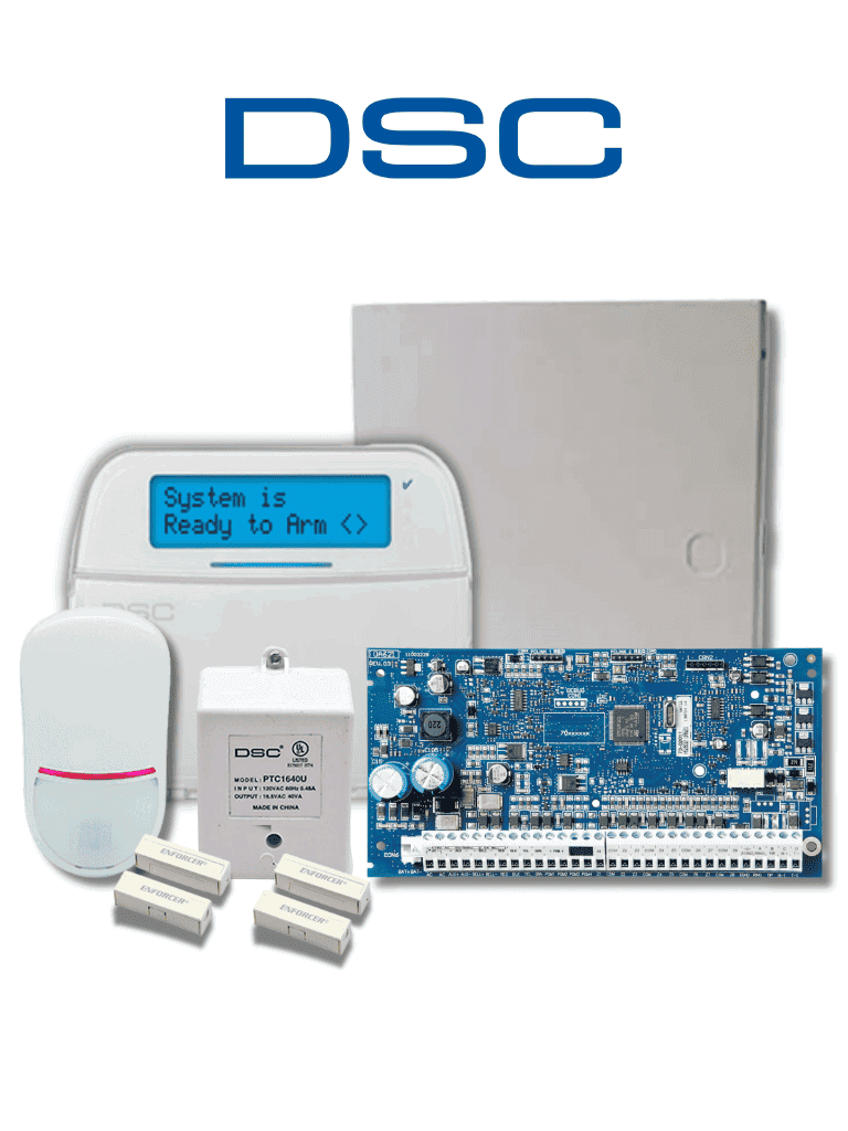 Panel DSC NEO-LCD-SB HS2032 8 Zonas Exp. 32 / Teclado HS2LCDN / PIR LC-200 / 2 Contactos Blancos / Transformador / Gabinete GTVCMX003