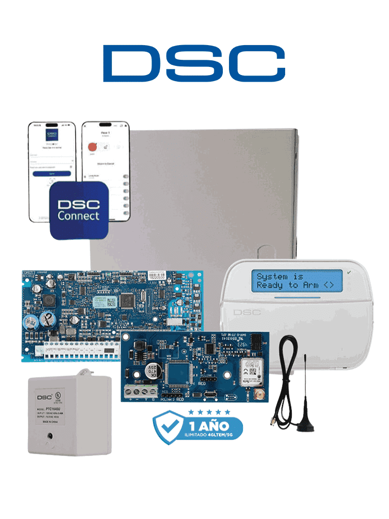 Kit DSC NEO-LCD-LE4050M 32 Zonas HS2032/Teclado HS2LCDN/Fuente PTC1640U/Gabinete GMX003/Comunicador LE4050m 1 año de servicio