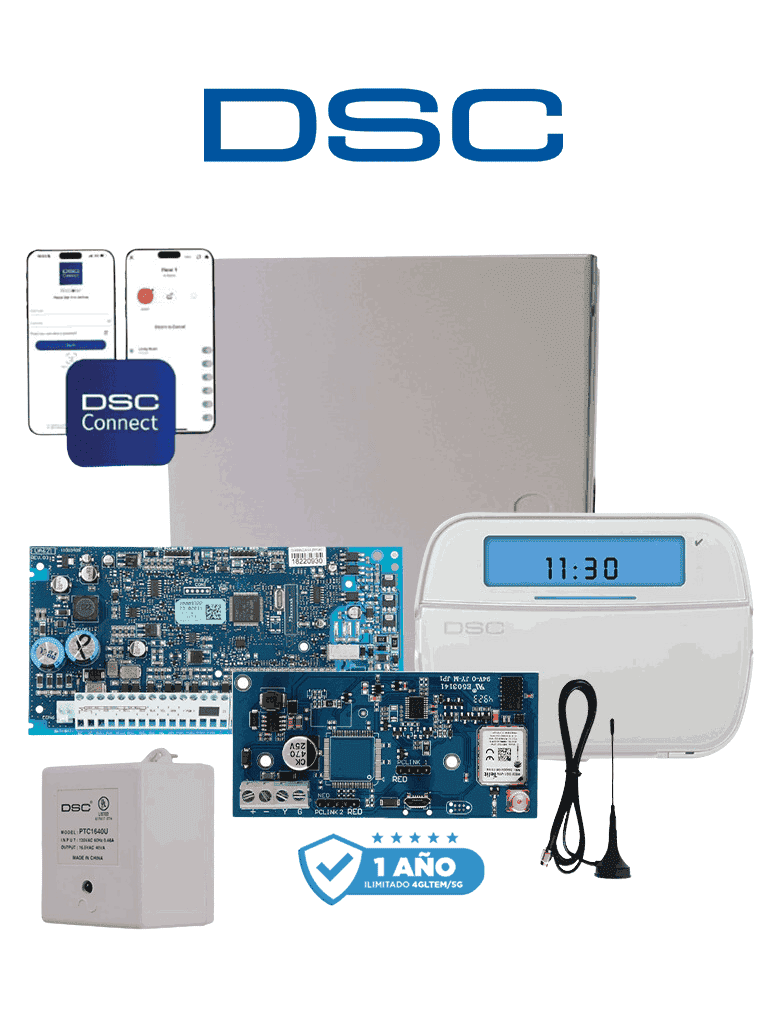 Kit DSC NEO-ICONO-LE4050M 32 Zonas Panel HS2032/ Teclado Iconos HS2ICN/ Fuente PTC1640U/Gabinete GMX003/ Comunicador LE4050m 1 año de servicio