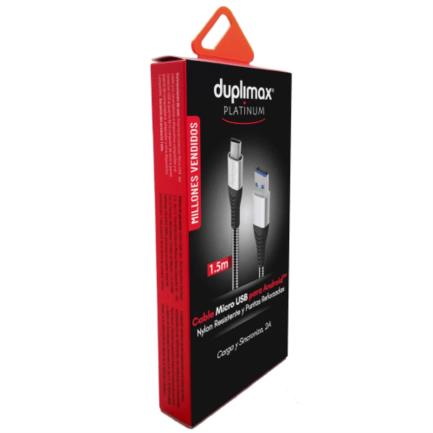 Cable Duplimax Platinum Micro USB 1.5m Nylon Negro con Plata, Alta Velocidad 480Mbps, Conector Tipo A