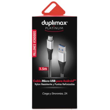 Cable Duplimax Platinum Micro USB 1.5m Nylon Negro con Plata, Alta Velocidad 480Mbps, Conector Tipo A