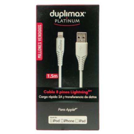 Cable Duplimax Platinum USB-8 Pines 2A 1.5m Nylon Color Blanco, Alta Velocidad Datos y Carga
