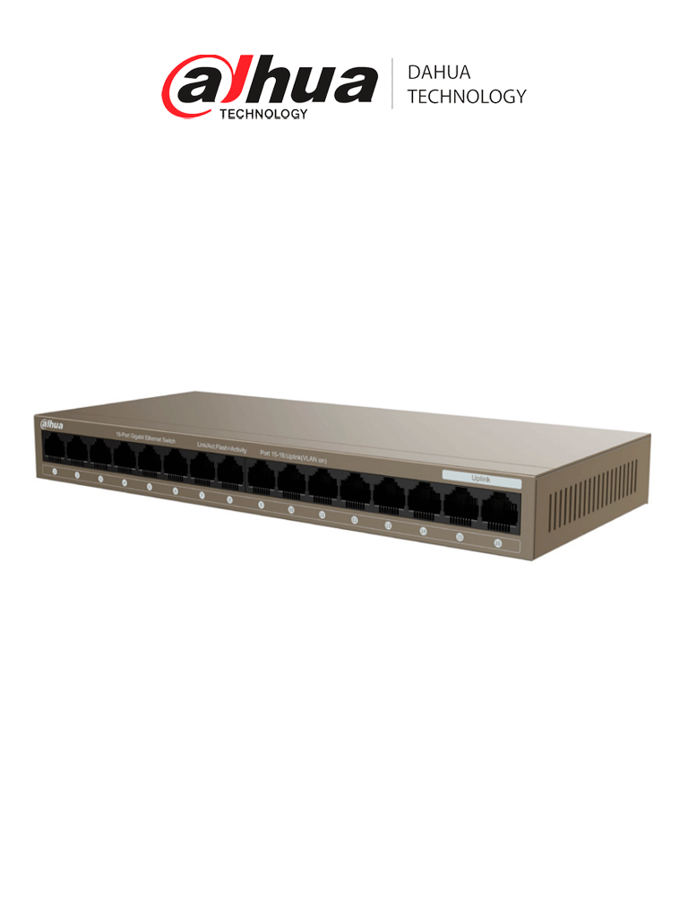 Switch Dahua PFS3016-16GT-M Gigabit 16 Puertos Capa 2 10/100/1000 Base-T Carcasa Metalica 32Gbps 23.8 Mbps 2Mb