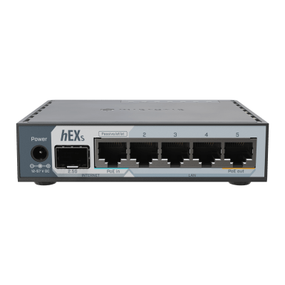 E60iUGS, hEX S, Ruteador Dual Core 950MHz, 512MB RAM, 2.5G SFP, 5xGEth, USB, RouterOS v7 L4, gabinete plástico