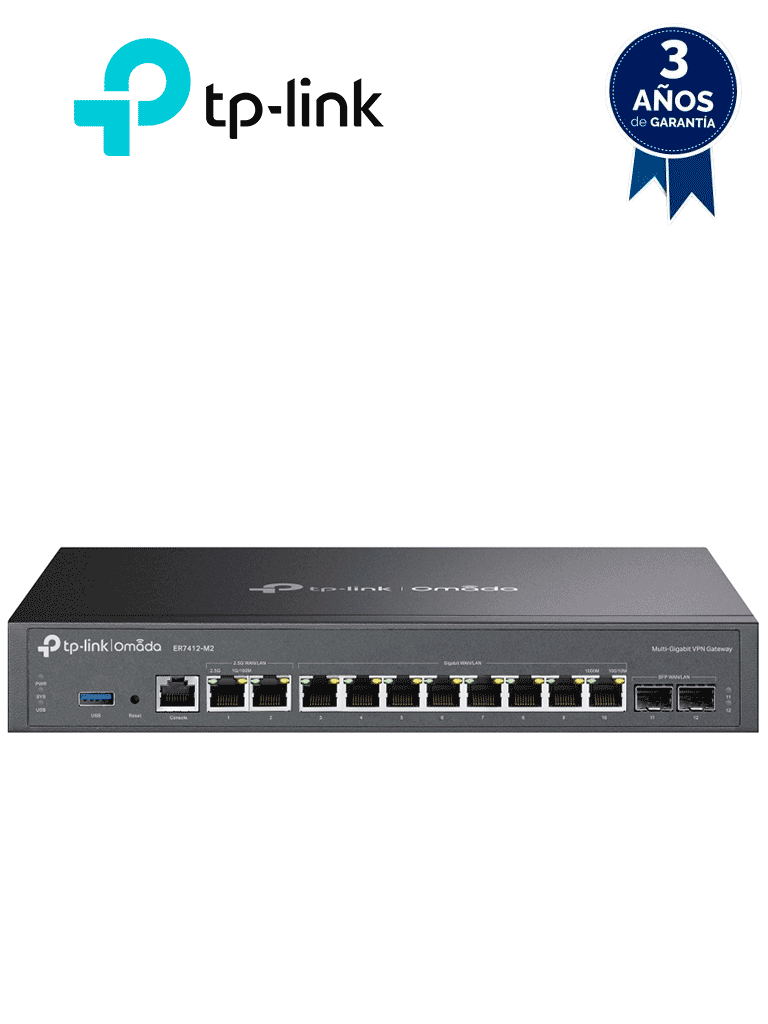 Router TP-LINK ER7412-M2 VPN Omada Multi-Gigabit, 2.5G, 10 puertos Gigabit (2 SFP, 8 RJ45), Balanceo carga 11 puertos WAN
