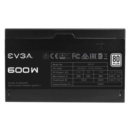 Fuente de Poder EVGA W1 600W 80 Plus White ATX 12V 24 pin Fan 120mm Negro - 600W 80 Plus, ATX 12V, Fan 120mm