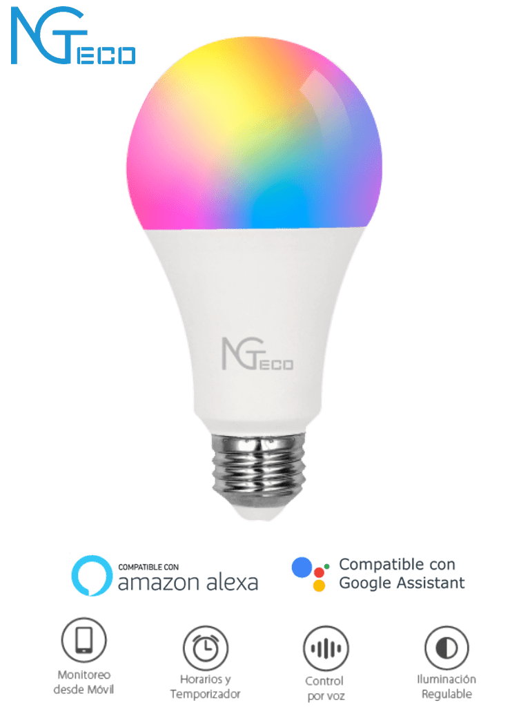 Foco LED Inteligente WiFi NGTECO NGL200 9W / Color regulable / App / Alexa y Google Assistant / WiFi 2.4 GHz / Horarios / 950 Lumenes