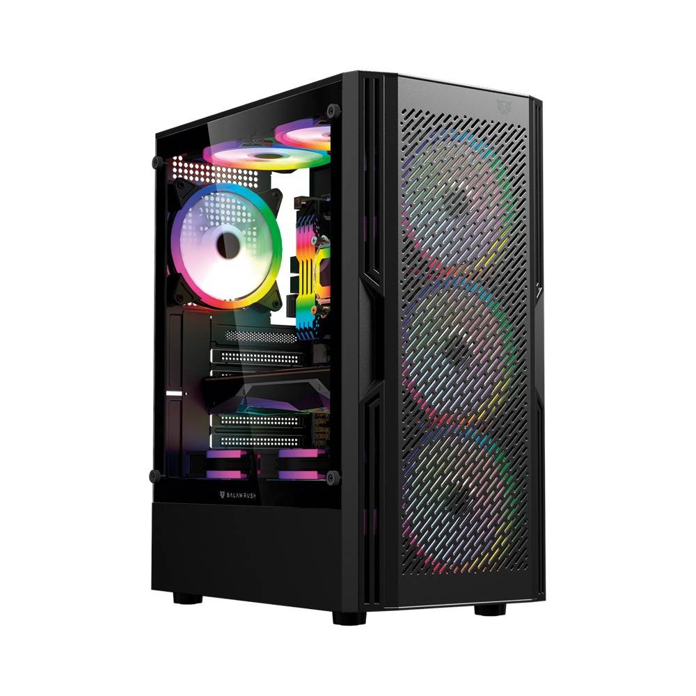 BR-943956 - Gabinete Balam Rush Dragonfly Ventra GM570 Negro Gamer Compact Media Torre ATX 4xVentiladores ARGB Cristal templado frente tipo malla
