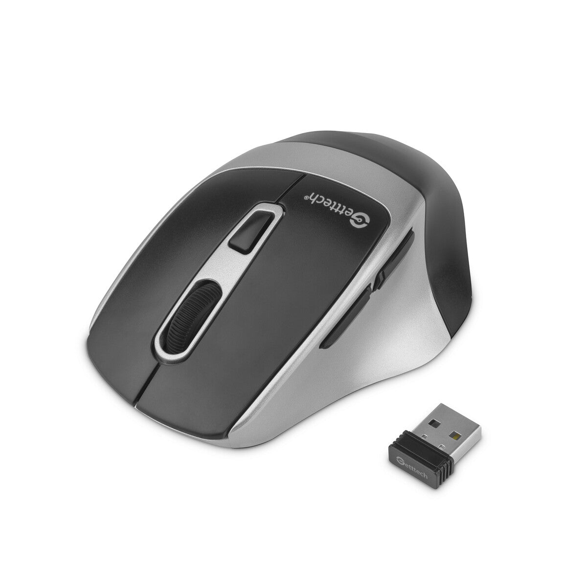 Mouse Getttech Inalámbrico Silencioso Ergonómico Negro y Plateado 6 Botones 1600 DPI 2.4G BT GGM-STDBW-01-SL