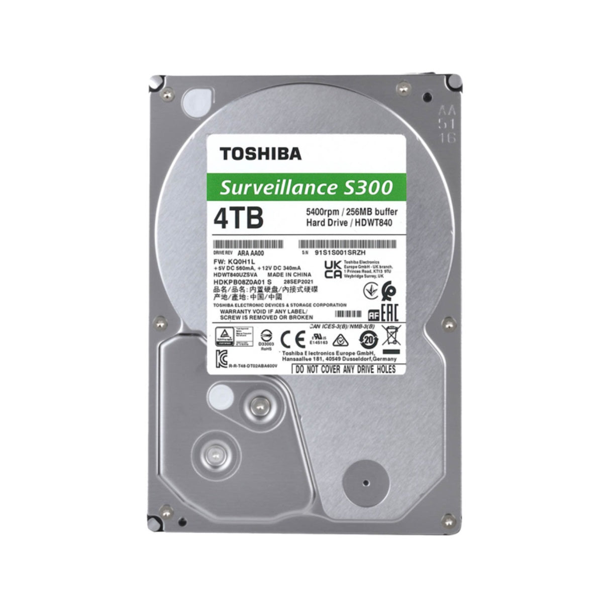 DISCO DURO INTERNO TOSHIBA S300 4TB 3.5" SATA 5400RPM CCTV 64CAM BULK 64MB CACHE 6GB/S