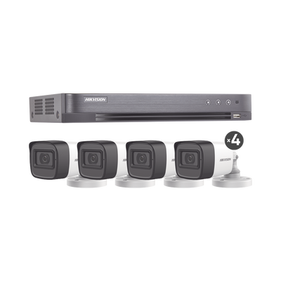 KIT HIKVISION TURBOHD (MICROFONO INTEGRADO) 5 MEGAPIXEL / DVR 4 CANALES / 4 CAMARAS BALA CON MICROFONO INTEGRADO (EXTERIOR 2.8 MM) / FUENTE DE PODER / ACCESORIOS DE INSTALACION