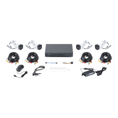 KIT HIKVISION TURBOHD (MICROFONO INTEGRADO) 5 MEGAPIXEL / DVR 4 CANALES / 4 CAMARAS BALA CON MICROFONO INTEGRADO (EXTERIOR 2.8 MM) / FUENTE DE PODER / ACCESORIOS DE INSTALACION