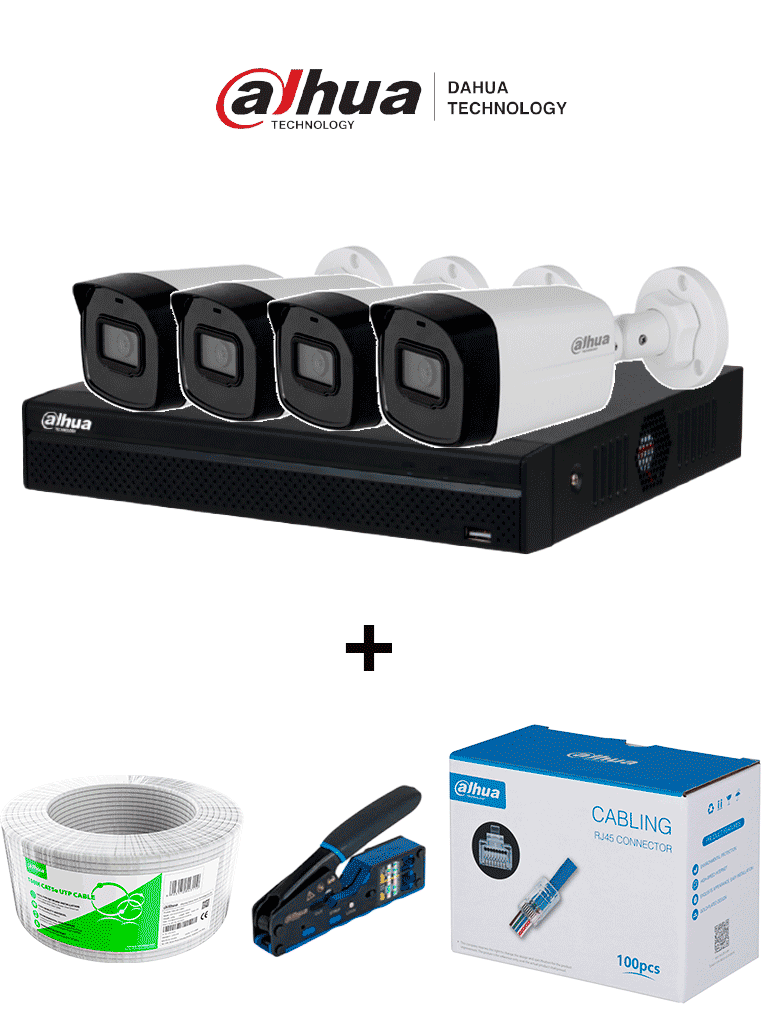 Bundle Compra 1 nvr nvr1104hs-p-s3 de 4 canales y llévate mas 4 cámaras ipc-b1e20 / bobina de 100 metros/ caja con 100 plugs/ pinza de corte de plugs/*no incluye disco duro/ #miprimerip DHI-NVR1104HS-P-S3/H + DH-IPC-B1E20