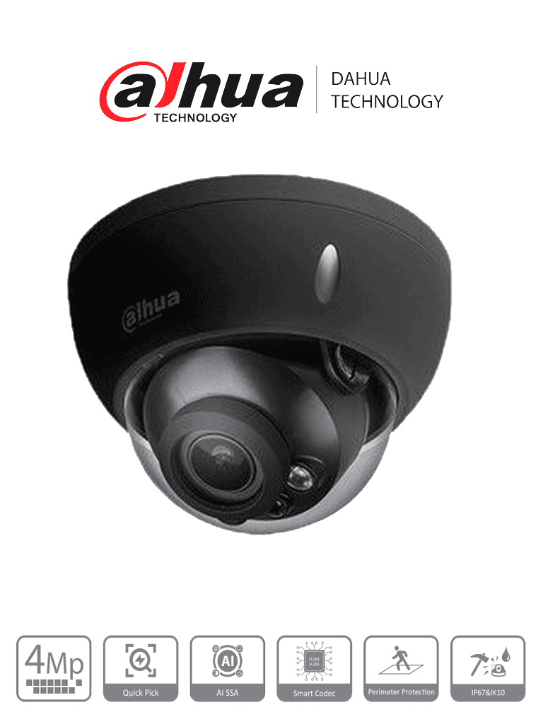 Cámara Domo IP Dahua 4MP WizSense, Lente Motorizado 2.7-13.5mm, IR 40m, WDR Real, MicroSD, IP67, PoE
