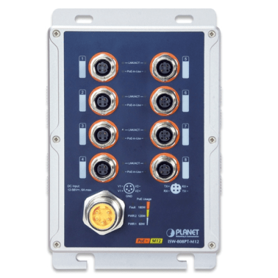 Switch Industrial IP67 8 Puertos 10/100TX M12 / IEEE 802.3at PoE+ / 180W PoE Budget / -40~75°C / Aluminio / DIN-Rail y Montaje en Pared / Protección ESD y Sobretensiones de 6KV