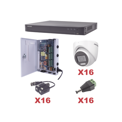 KIT TurboHD 1080p / DVR 16 Canales / 16 Cámaras Turret con Audio Integrado (Exterior 2.8 mm) / Transceptores / Conectores / Fuente de Poder Profesional