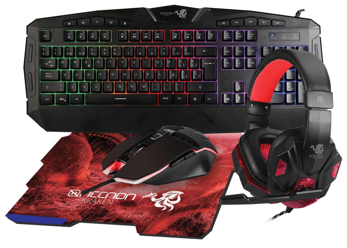 Kit Gaming 4 en 1 NECNON NGC-KRAKEN, Teclado Mecánico RGB, Ratón Óptico 10000 DPI, Auriculares 7.1 Surround
