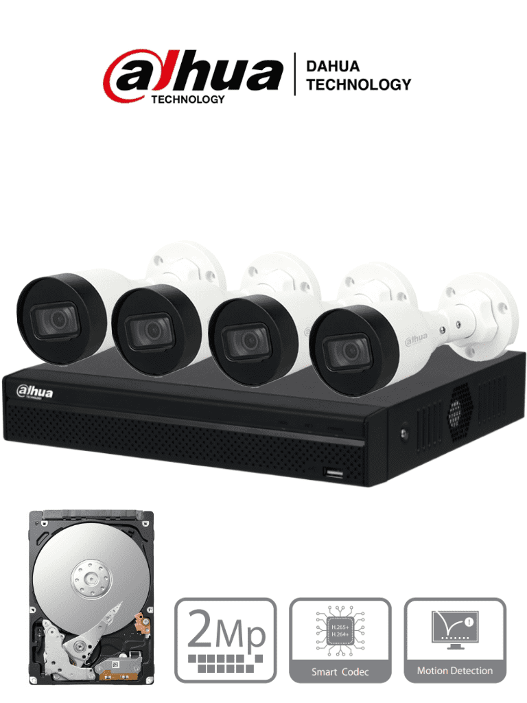 Kit de Vigilancia Dahua NVR1104HS-P 4C1TB: 4 Canales, 4 Puertos PoE, 1TB Almacenamiento, 4 Cámaras Bullet 2MP IP67
