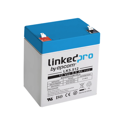 Bateria Epcom LK5.512 12 Vcc 5.5 Ah UL tecnologia AGM-VRLA uso en equipo electronico alarmas de intrusion incendio control de acceso video vigilancia terminales F1 incluye adaptador para terminal F2
