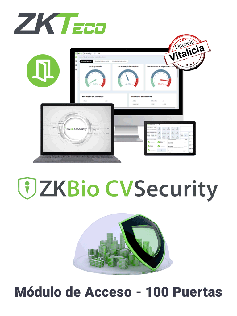 Licencia Vitalicia ZKTECO para 100 Puertas BioCVSecurity / 30,000 Usuarios / 200 Departamentos / 200 Áreas