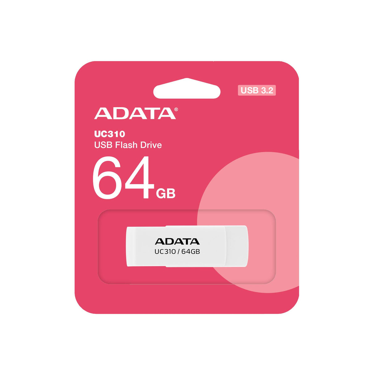 Memoria USB Adata UC310, 64GB, USB 3.2, Lectura 100 MB/s, Blanco