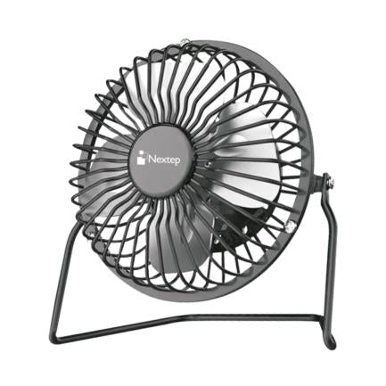 VENTILADOR MINI DE ESCRITORIO NEXTEP METÁLICO CON CONEXIÓN USB, 4 ASPAS DE ALUMINIO COLOR NEGRO NE-690