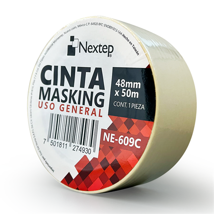 Cinta Masking Uso General Nextep 48 mm x 50 mts, Resistente a Altas Temperaturas, Adhesivo Fuerte, Fácil de Cortar