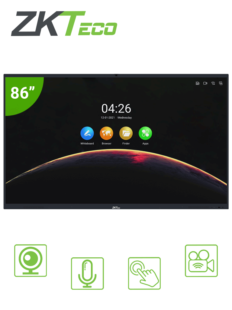 Pantalla Interactiva ZKTECO IWB86B 86" 4K UHD Android 13MP 6 Micrófonos 20 Puntos Multi-touch