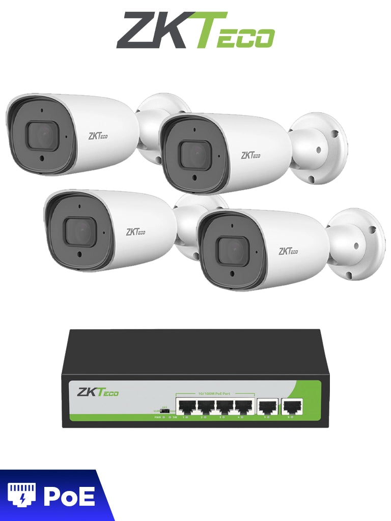 Paquete 4 Cámaras IP Bullet 5MP Full Color BS855P12CS7CMI con Switch PoE 4 Puertos AF/AT