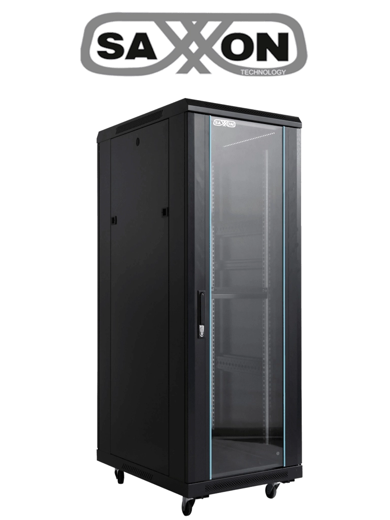 Gabinete de Piso Negro 32UR, Puerta Vidrio Templado, 160x60x60 cm, Base con 2 Ventiladores 220V