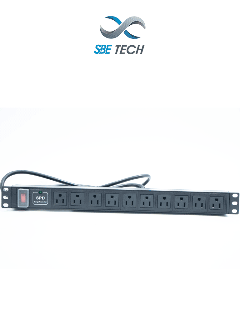PDU horizontal SBE-TC010SPV con 10 contactos polarizados, supresor de picos, montaje en rack 19" y 1U