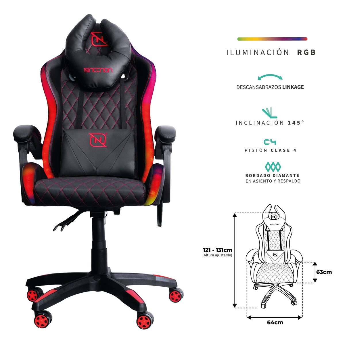 NECNON Silla Gaming NSG-RGB-1, Soporte Hasta 150 Kg, Reposabrazos Ajustables, RGB