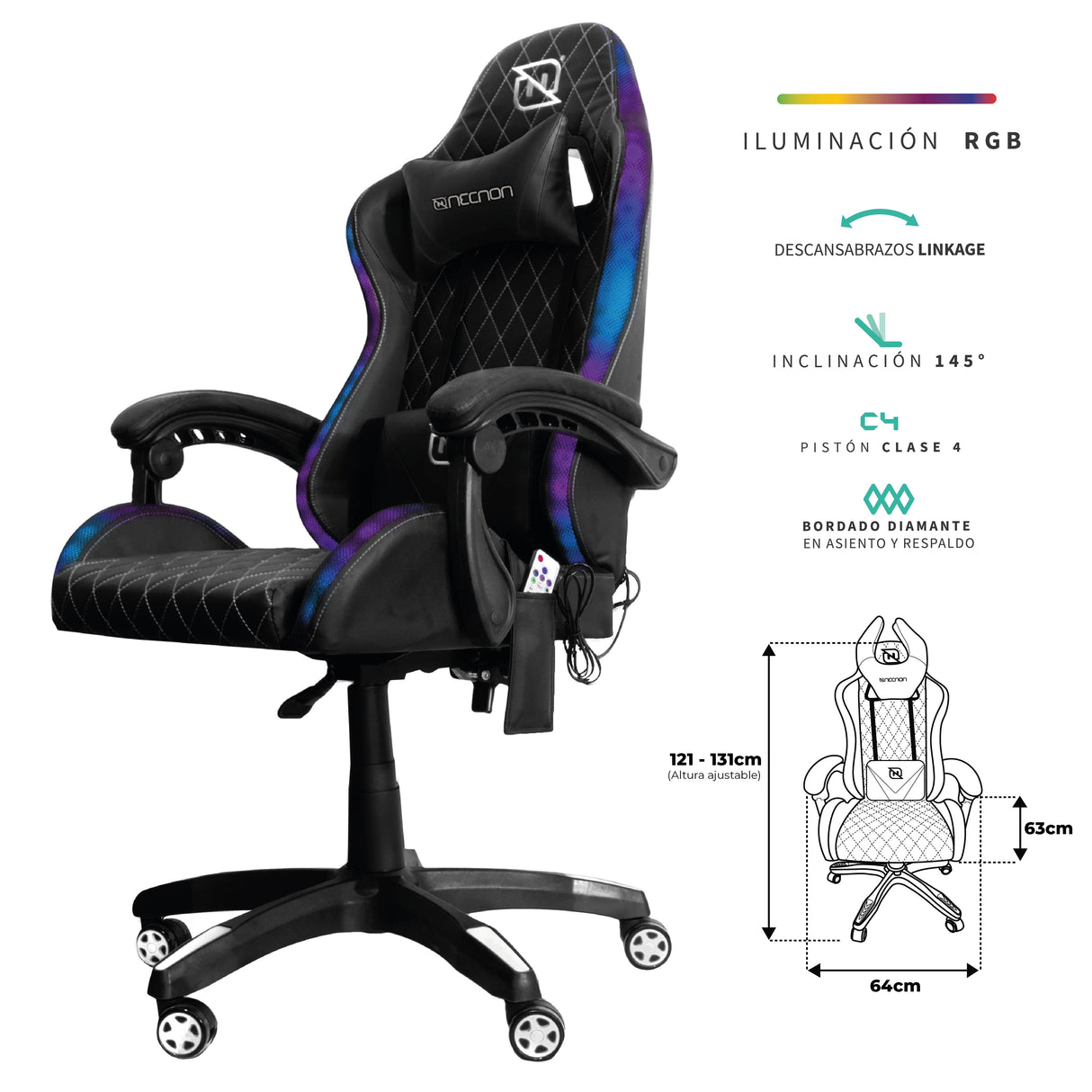 Silla Gaming NECNON NSG-RGB-1, Respaldo Ajustable, Reposabrazos 4D, Altura Regulable