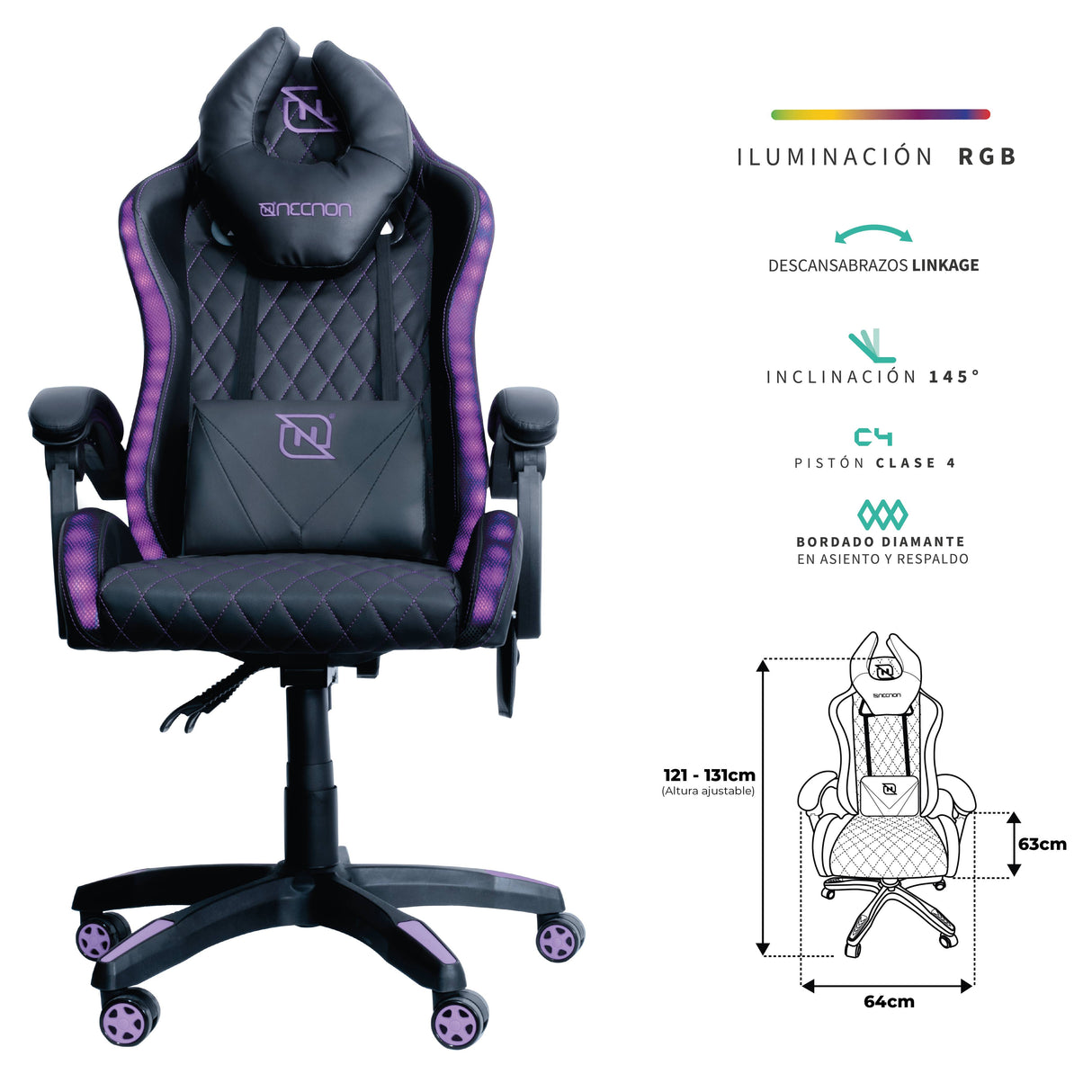NECNON Silla Gaming NSG-RGB-1, Soporte 150 kg, Ruedas 360°, Ajuste Altura